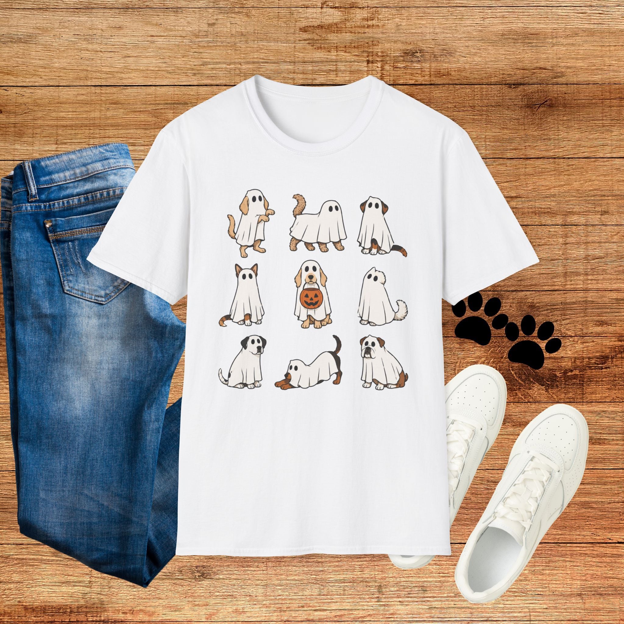 Ghost Dogs Halloween T-Shirt — Cute Puppy Ghosts with Pumpkin Design