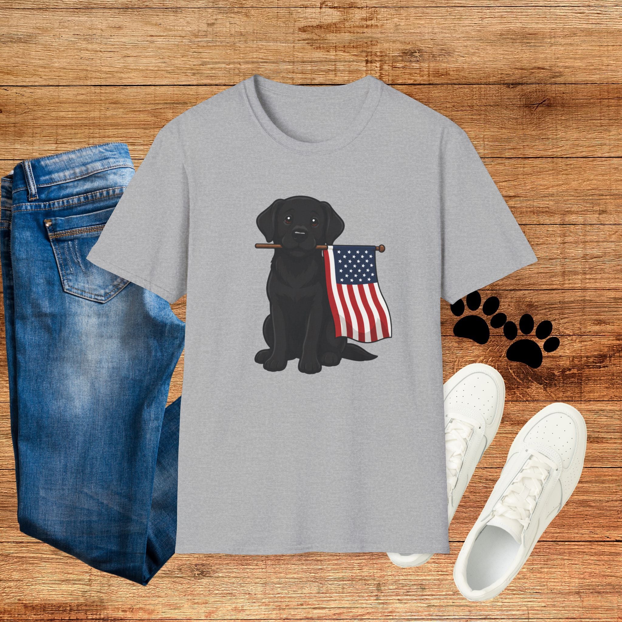 Black Labrador Holding American Flag T-Shirt – Patriotic Dog Tee for 4th of July