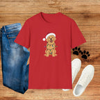 Christmas Golden Retriever T‑Shirt — Cute Dog in Santa Hat with Holiday Lights