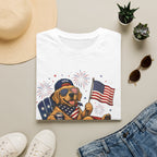 Patriotic Golden Retriever T-Shirt — USA Flag, Sunglasses & Fireworks