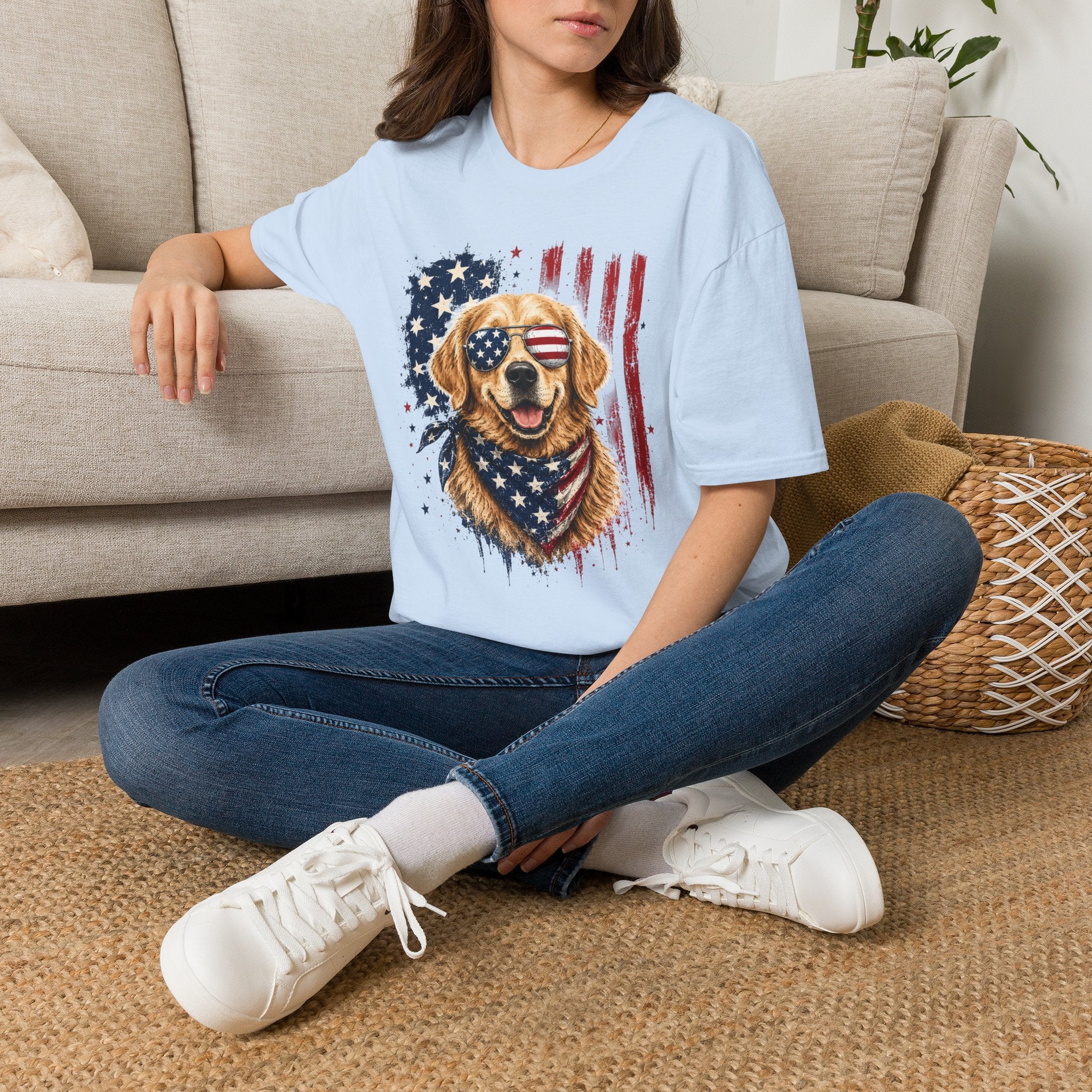 Patriotic Golden Retriever T-Shirt — American Flag Sunglasses & Bandana