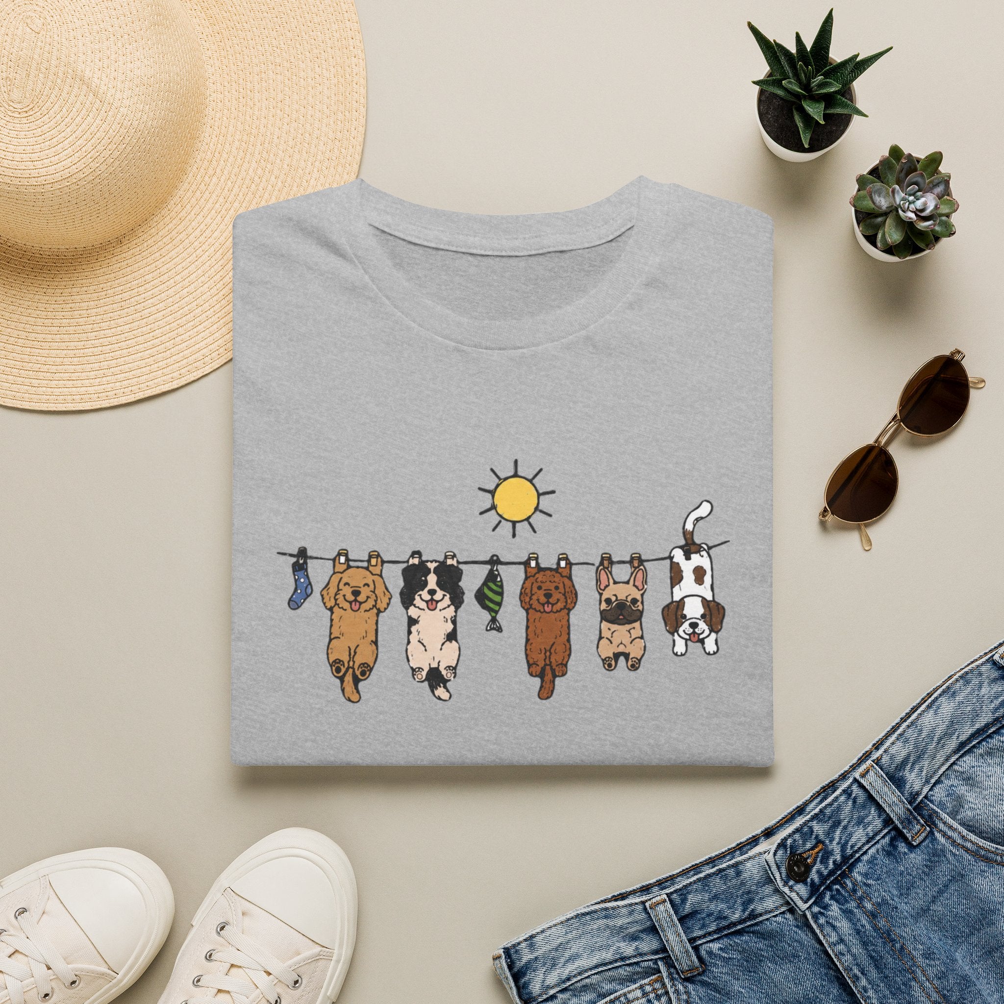Dog Clothesline Cute Graphic T-Shirt — Hanging Puppies Design