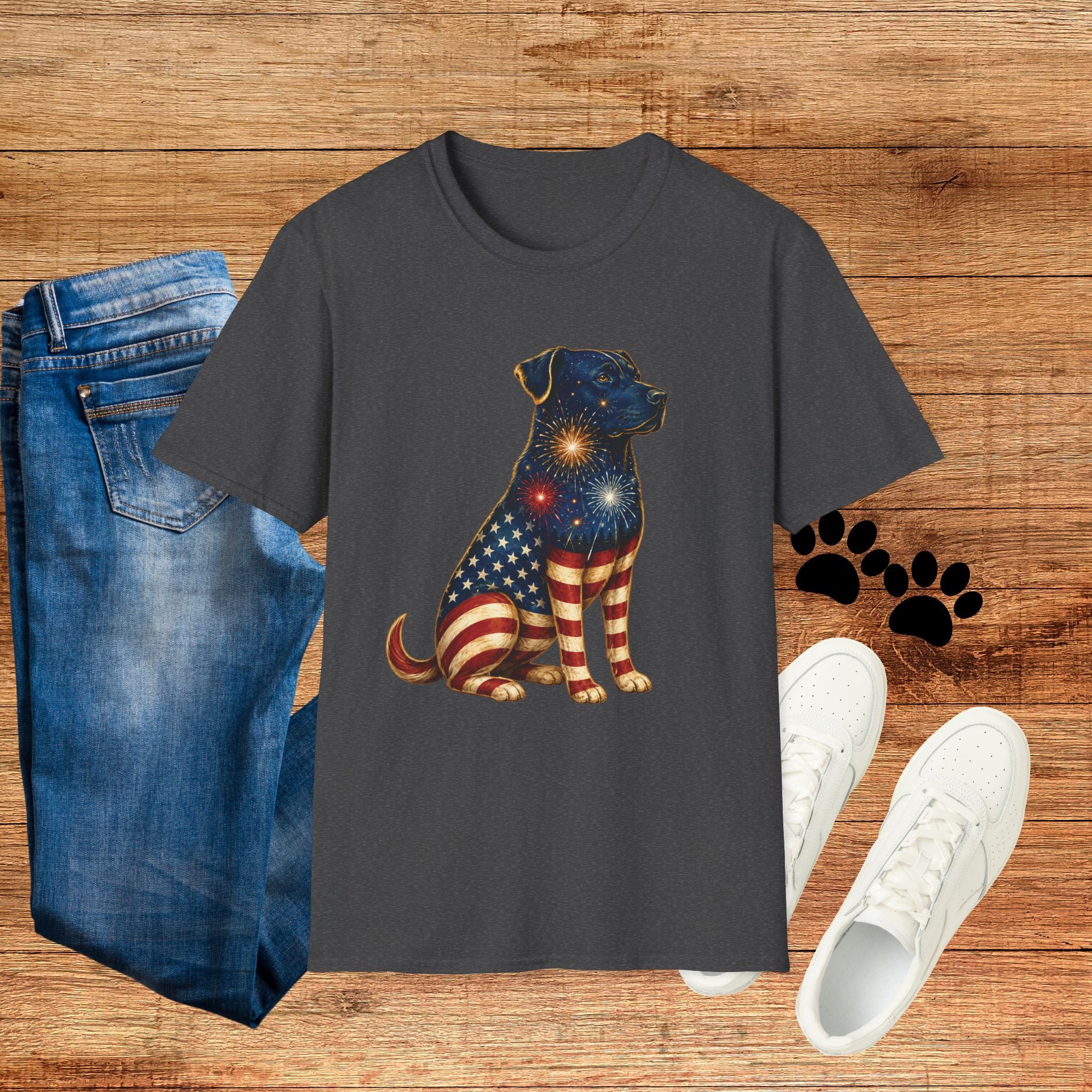 Patriotic Fireworks Dog T-Shirt — American Flag Labrador Graphic Tee