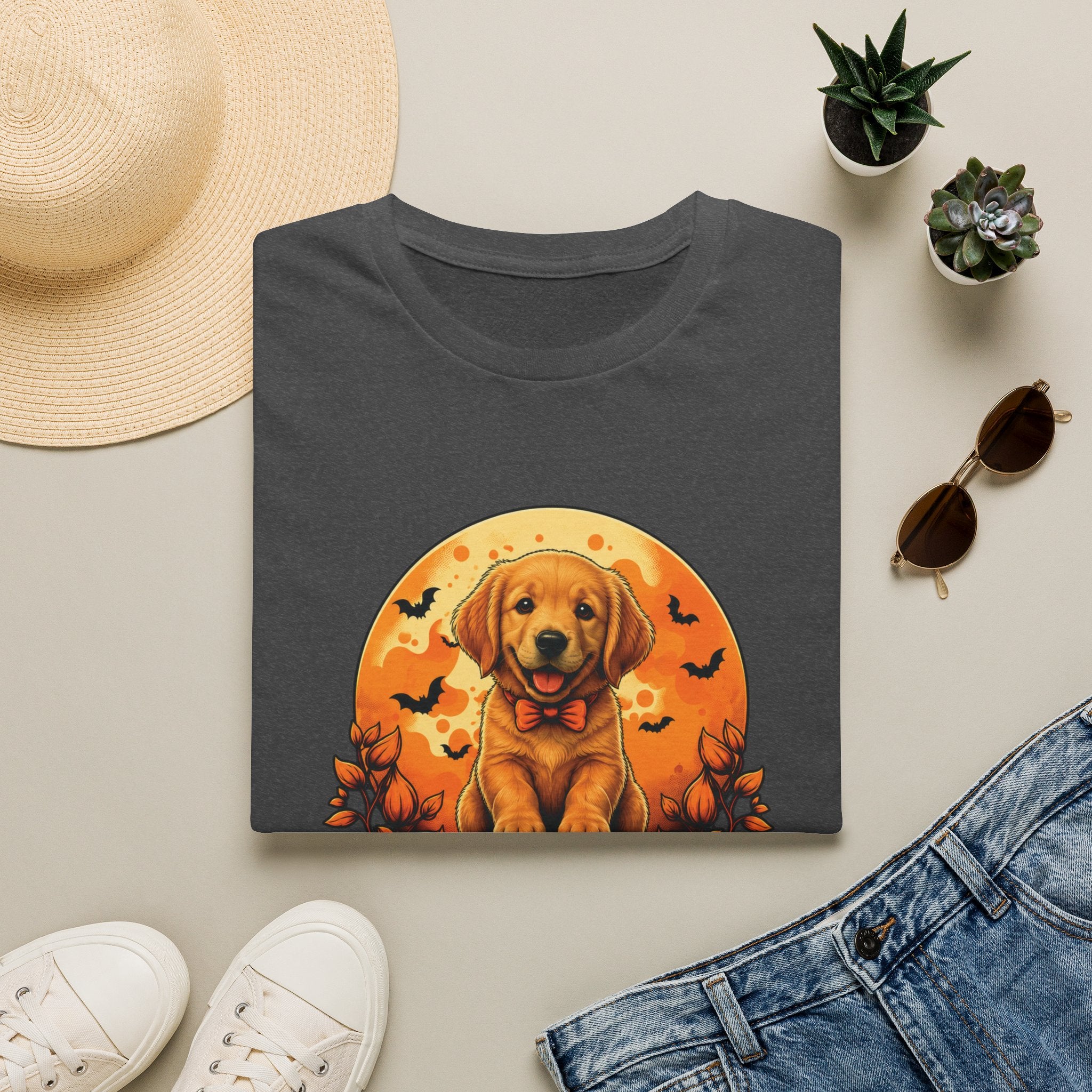 Halloween Pumpkin Puppy T-Shirt — Cute Golden Retriever with Bats & Bowtie