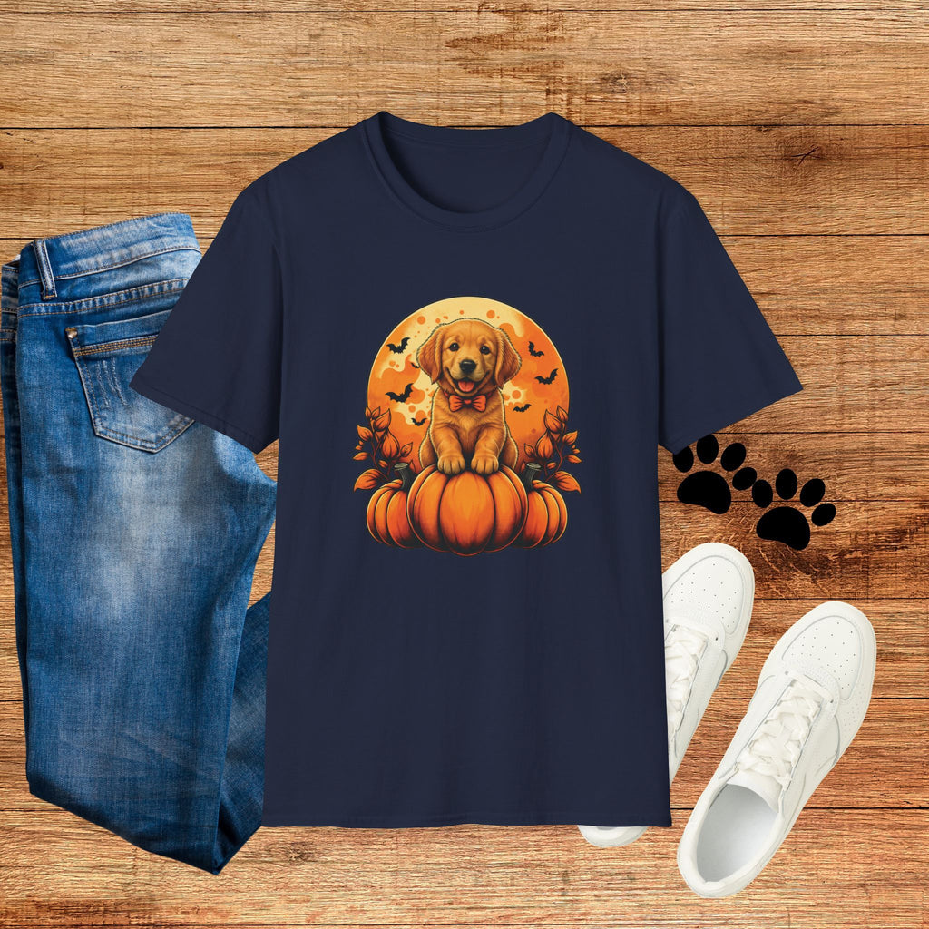 Halloween Pumpkin Puppy T-Shirt — Cute Golden Retriever with Bats & Bowtie