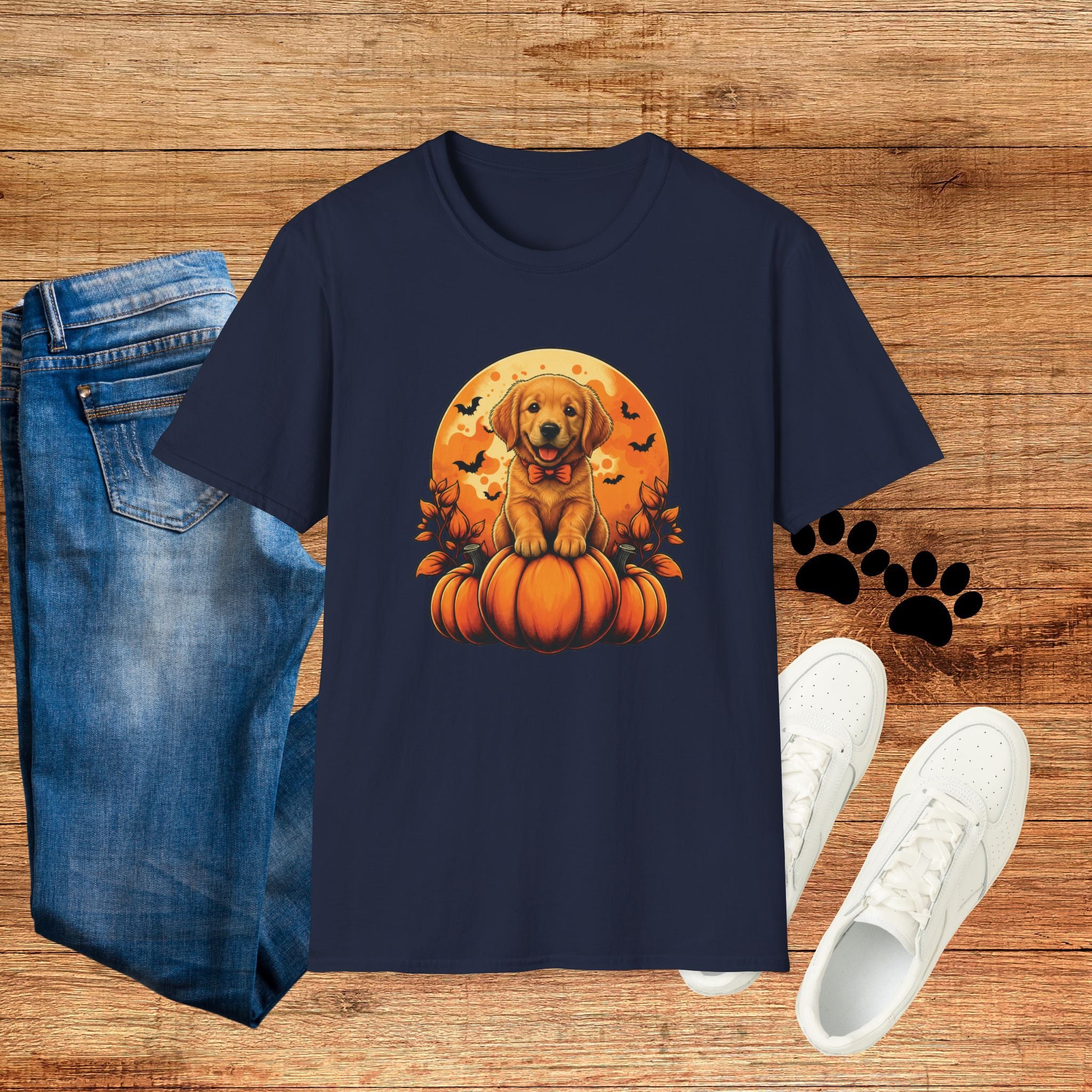 Halloween Pumpkin Puppy T-Shirt — Cute Golden Retriever with Bats & Bowtie
