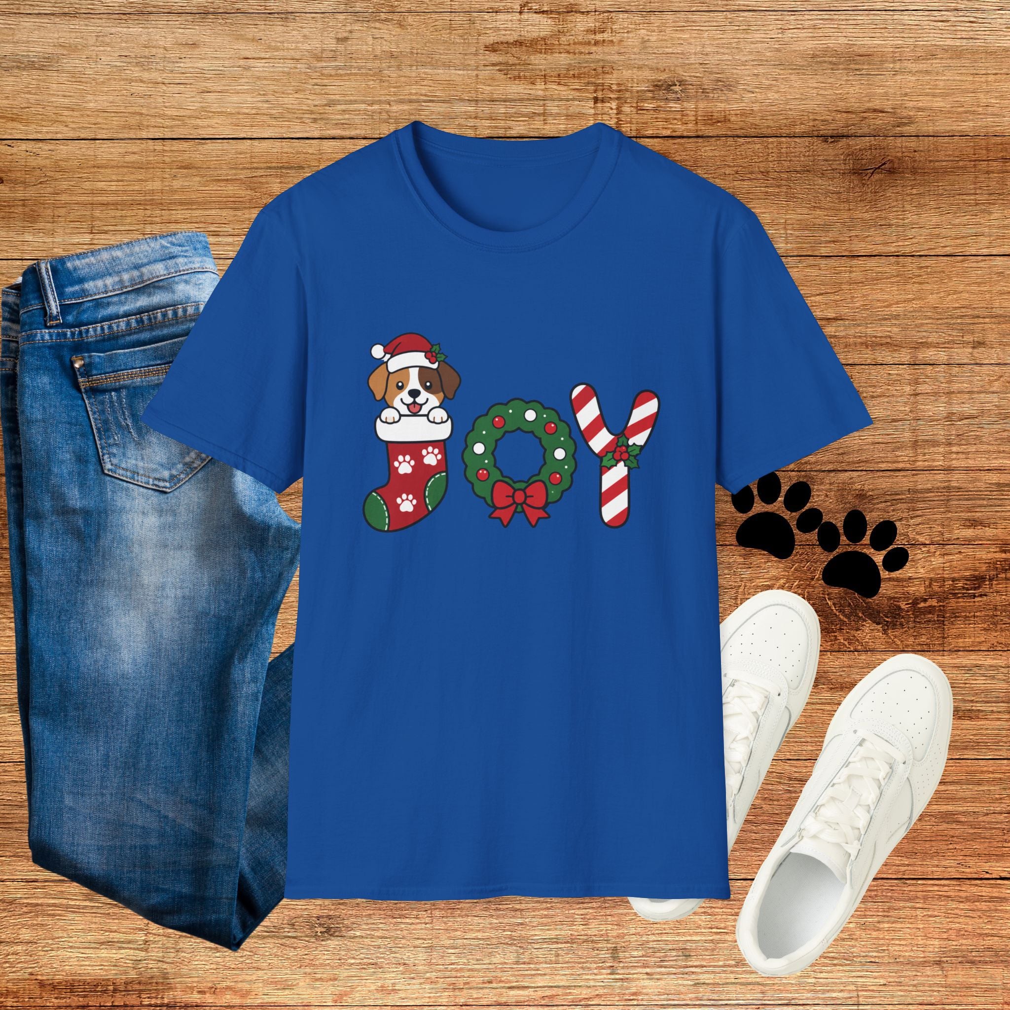 Christmas Joy Dog T-Shirt — Cute Puppy in Stocking & Candy Cane Holiday Tee