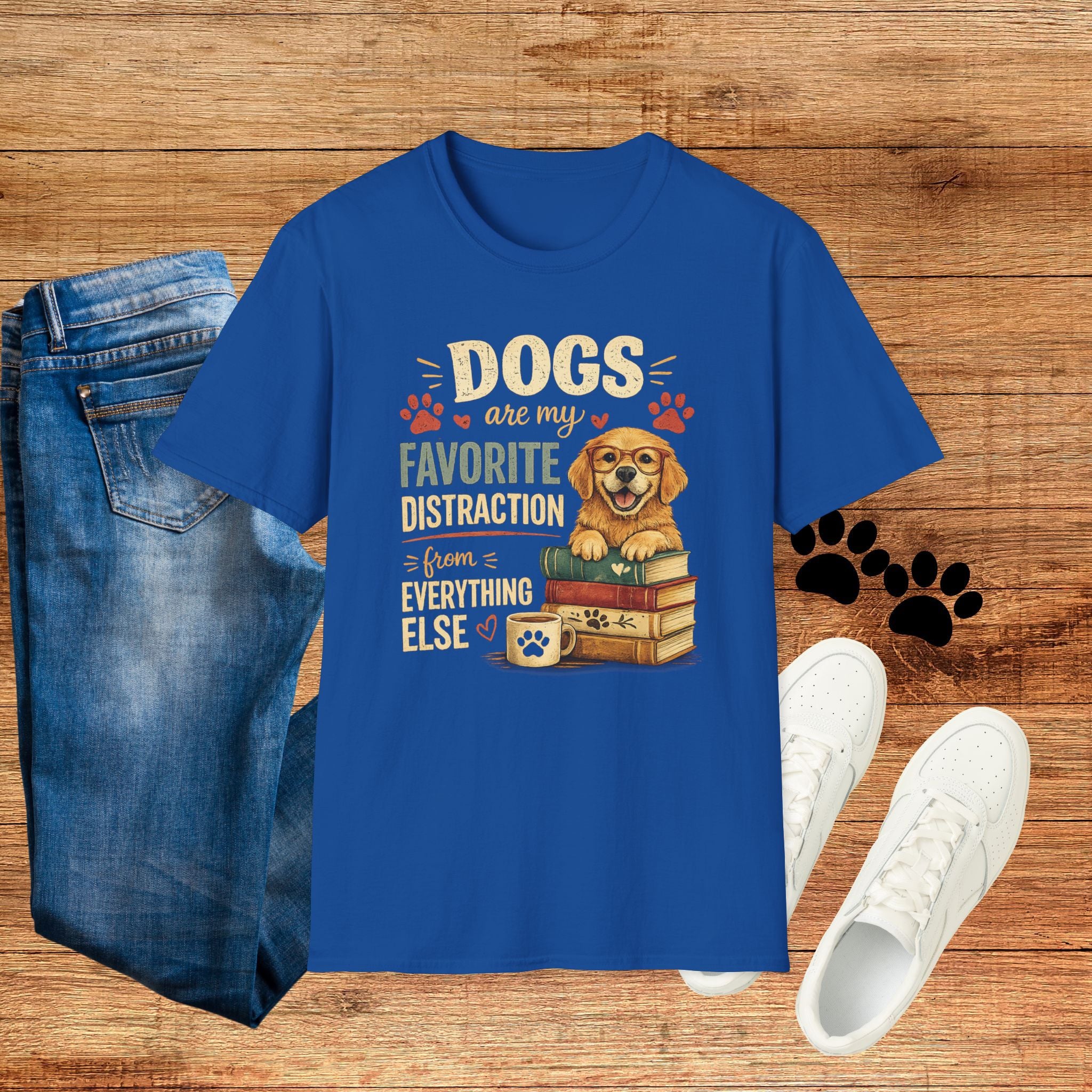 Dogs Are My Favorite Distraction T-Shirt – Cute Golden Retriever Paw Print Tee