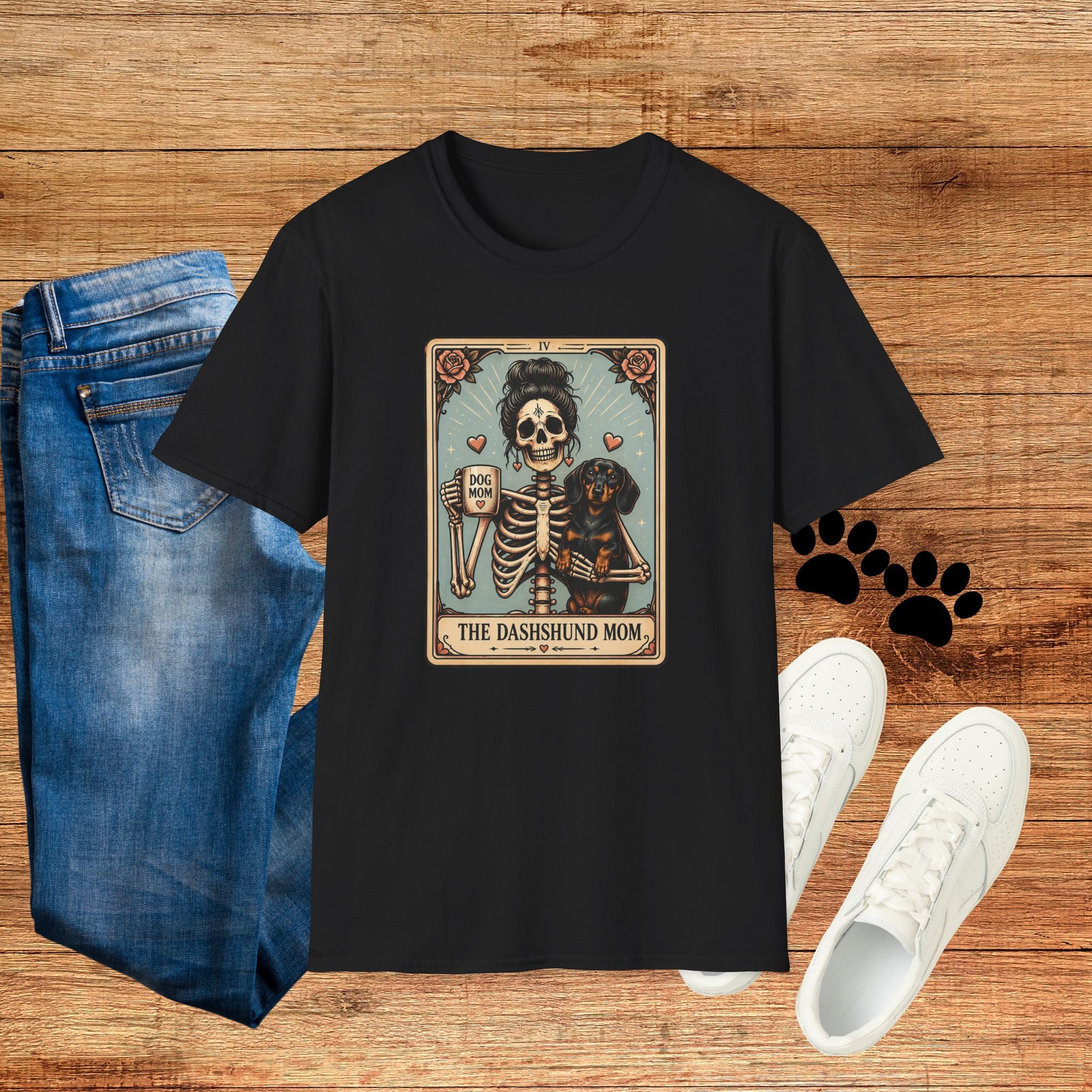 Dachshund Mom Tarot Tee — 'Dog Mom' Skeleton Card Graphic T-Shirt