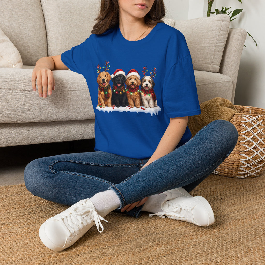 Christmas Dogs T-Shirt — Festive Puppies with Santa Hats & Reindeer Antlers