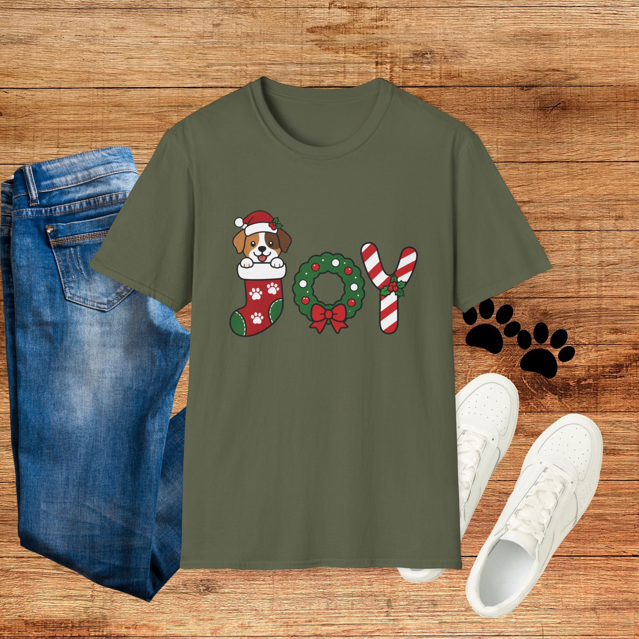 Christmas Joy Dog T-Shirt — Cute Puppy in Stocking & Candy Cane Holiday Tee