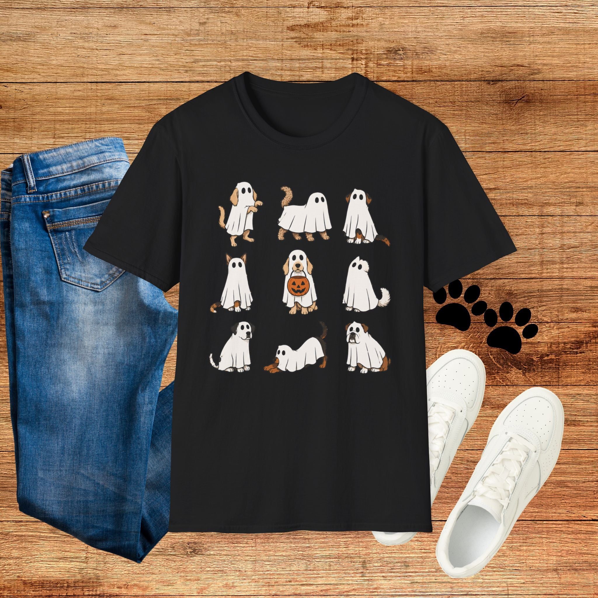 Ghost Dogs Halloween T-Shirt — Cute Puppy Ghosts with Pumpkin Design