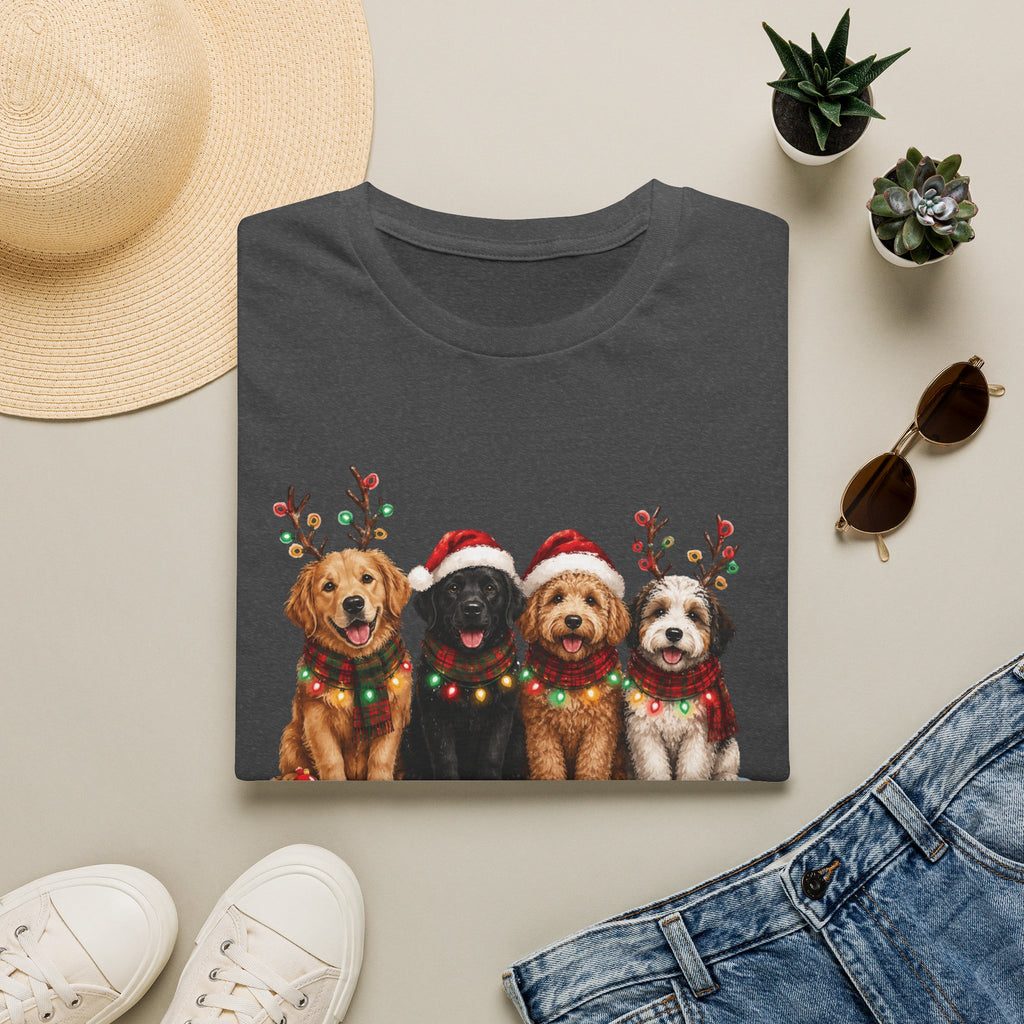 Christmas Dogs T-Shirt — Festive Puppies with Santa Hats & Reindeer Antlers