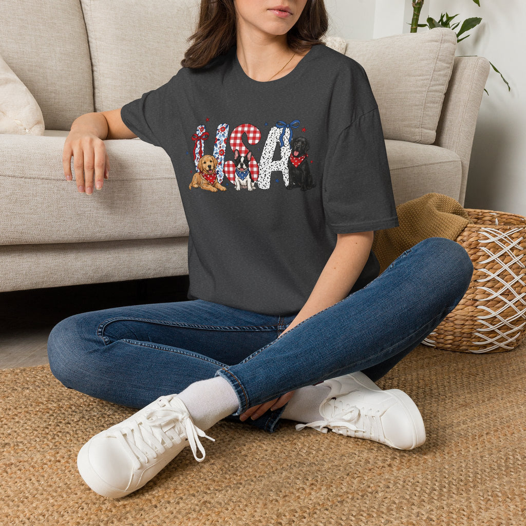 USA Patriotic Dog T-Shirt — Red White Blue Lettering with Labrador & Puppy Design