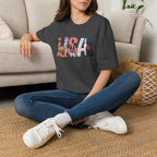 USA Patriotic Dog T-Shirt — Red White Blue Lettering with Labrador & Puppy Design