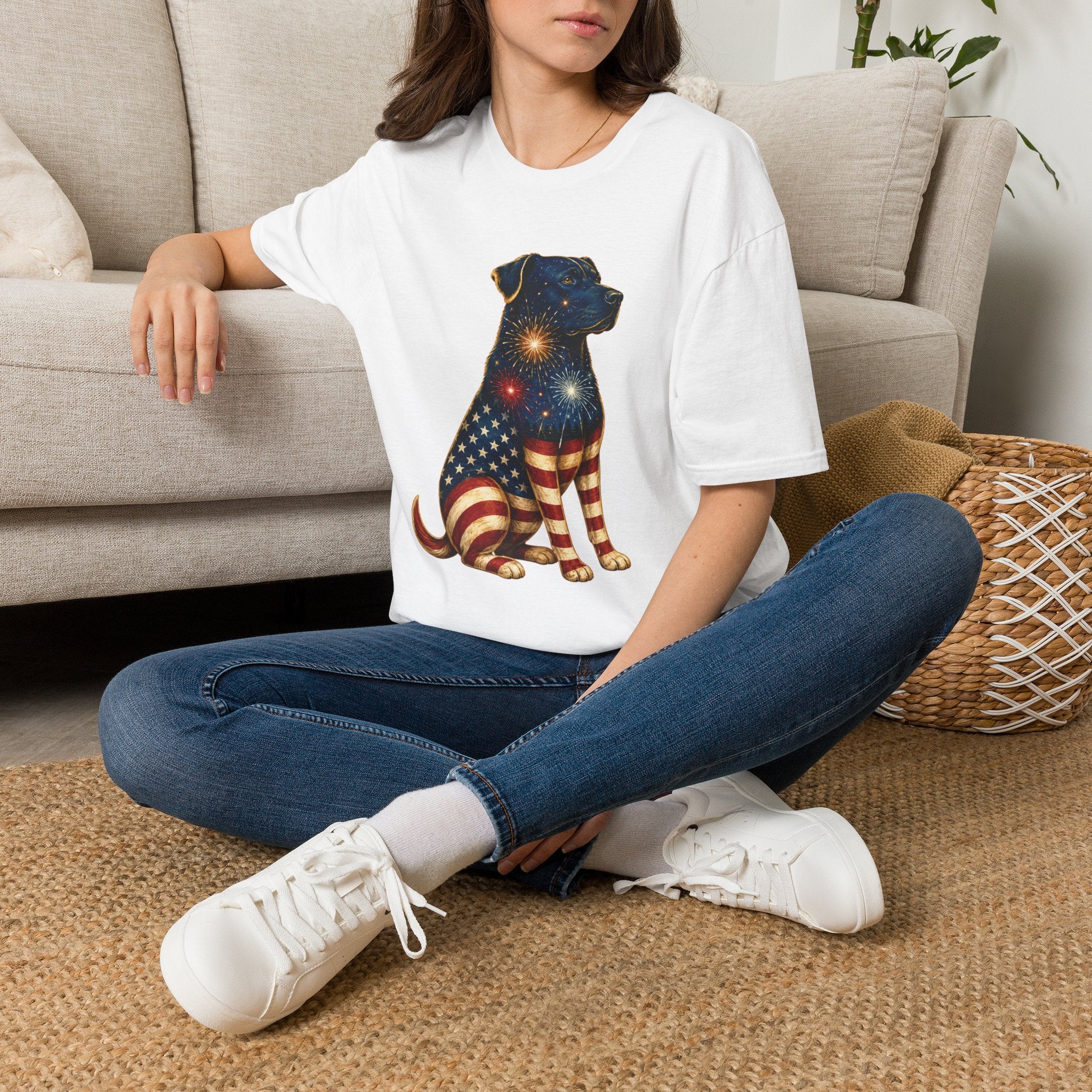 Patriotic Fireworks Dog T-Shirt — American Flag Labrador Graphic Tee