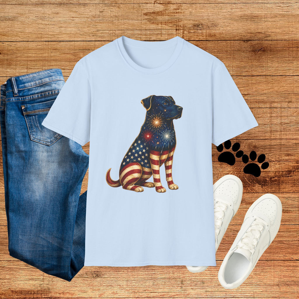 Patriotic Fireworks Dog T-Shirt — American Flag Labrador Graphic Tee