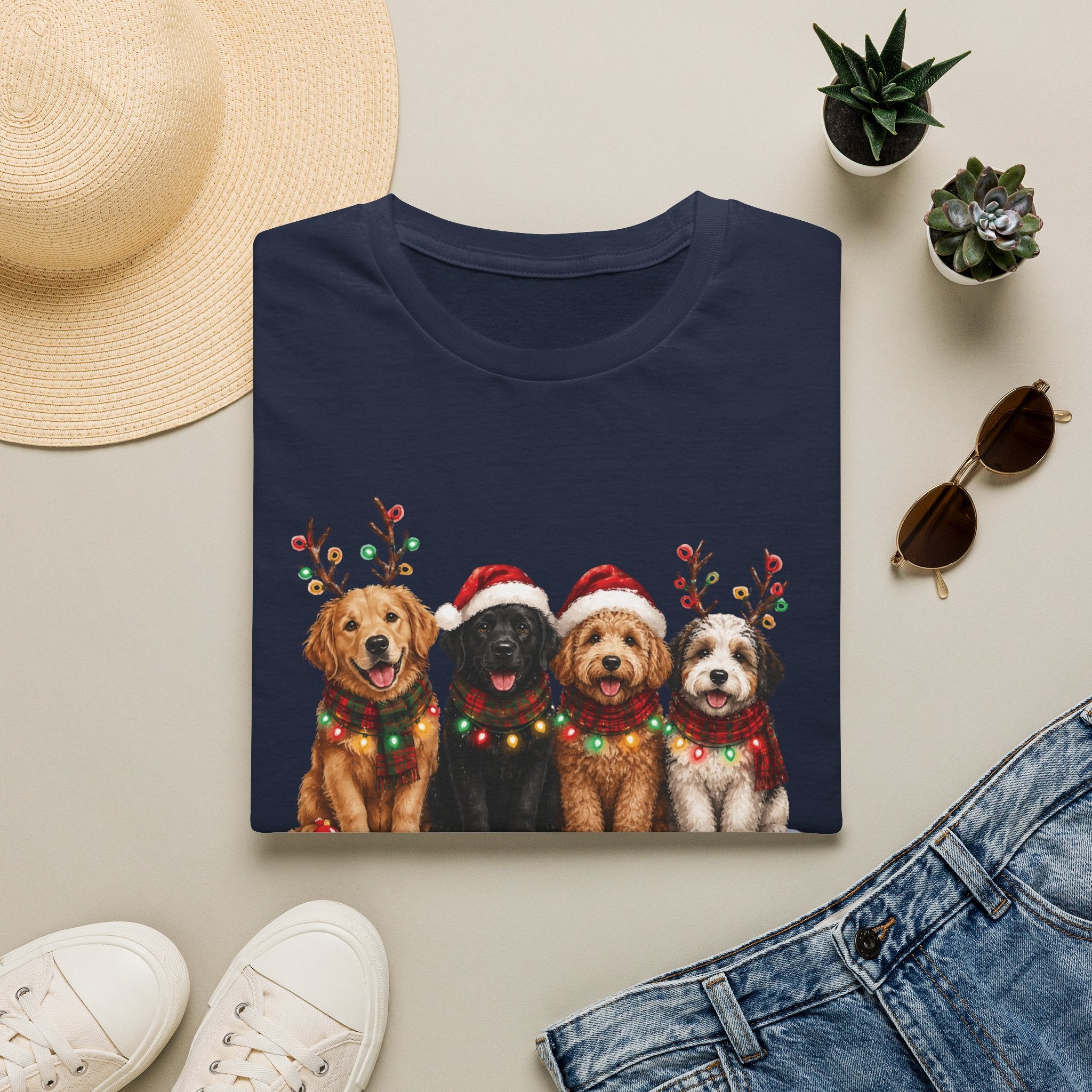 Christmas Dogs T-Shirt — Festive Puppies with Santa Hats & Reindeer Antlers
