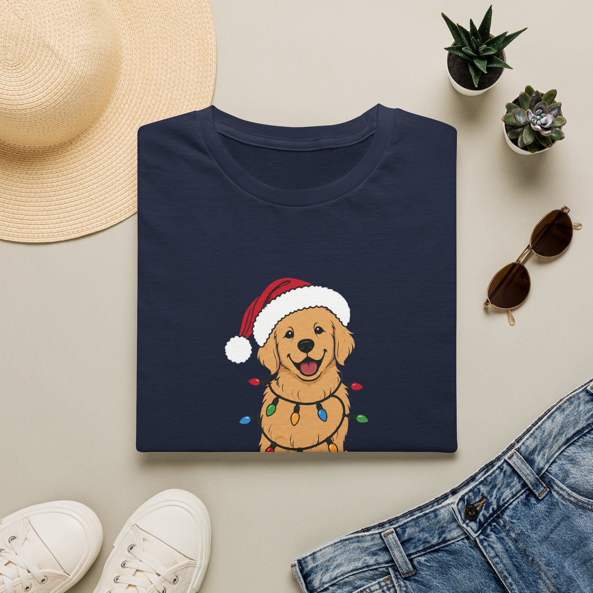 Christmas Golden Retriever T‑Shirt — Cute Dog in Santa Hat with Holiday Lights