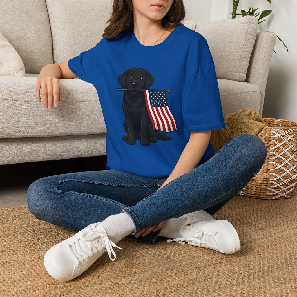 Black Labrador Holding American Flag T-Shirt – Patriotic Dog Tee for 4th of July