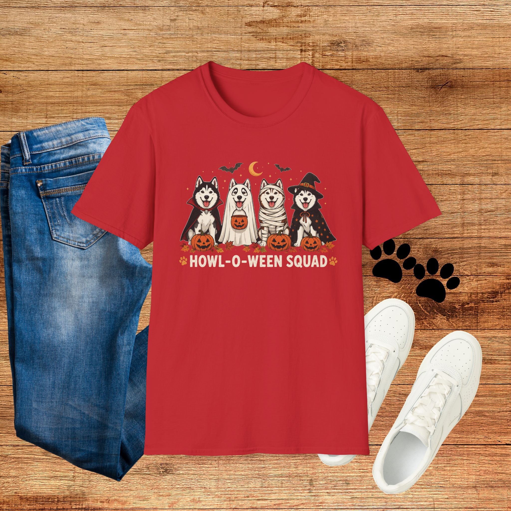 Halloween Huskies T-Shirt — "Howl-O-Ween Squad" Cute Dog Costume Tee