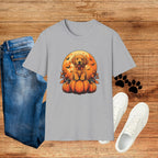 Halloween Pumpkin Puppy T-Shirt — Cute Golden Retriever with Bats & Bowtie