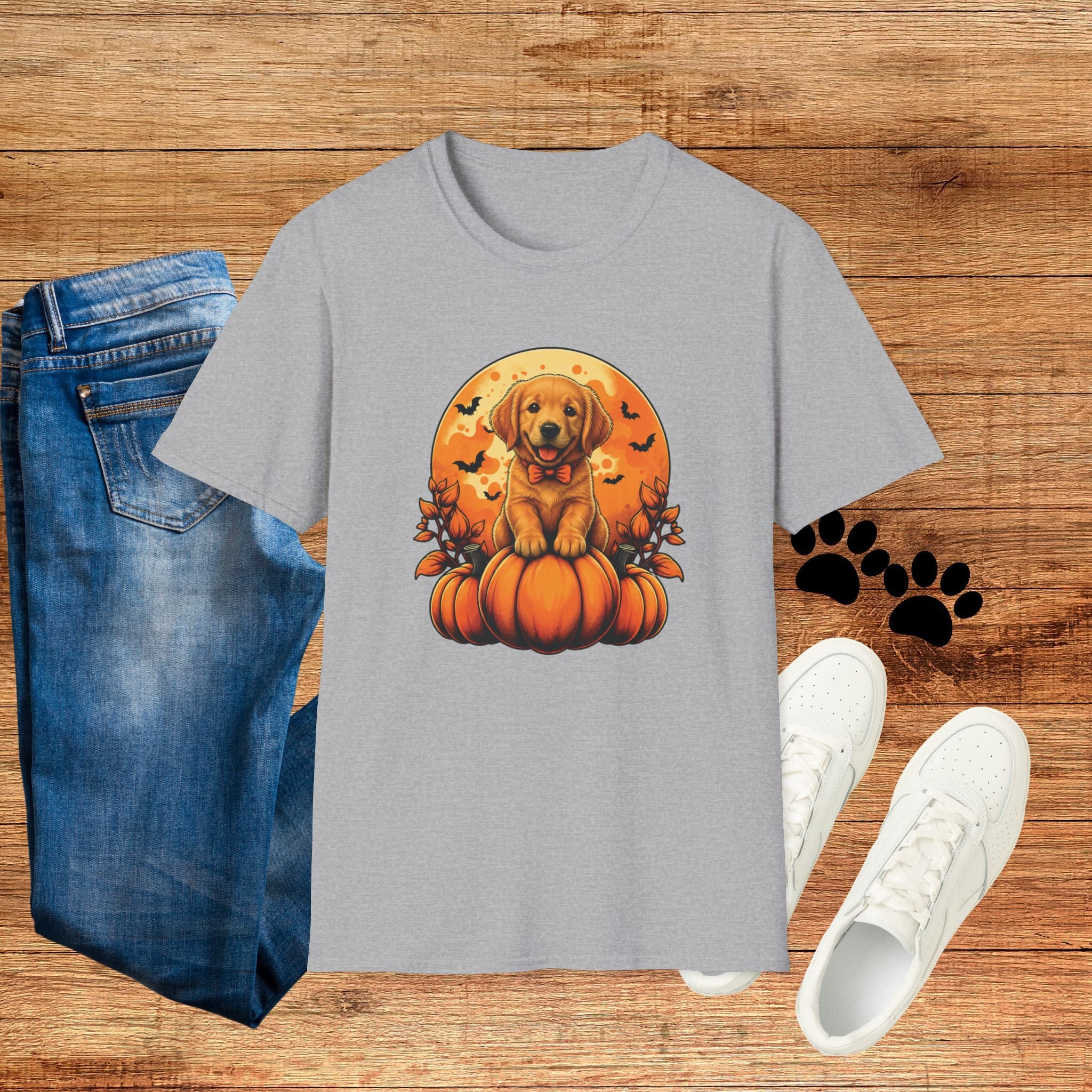 Halloween Pumpkin Puppy T-Shirt — Cute Golden Retriever with Bats & Bowtie