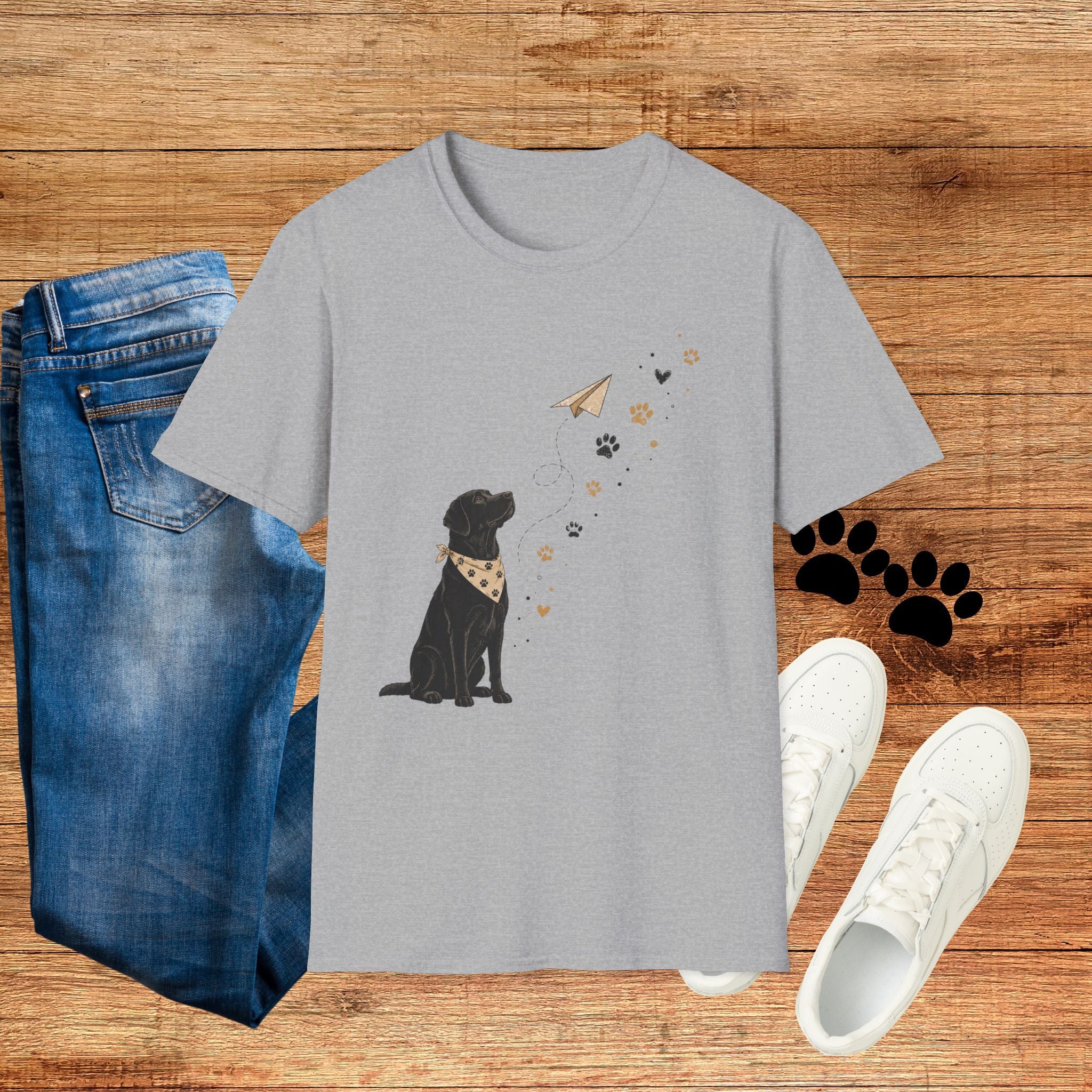 Dog Paw & Paper Airplane T-Shirt — Cute Black Dog Graphic Tee