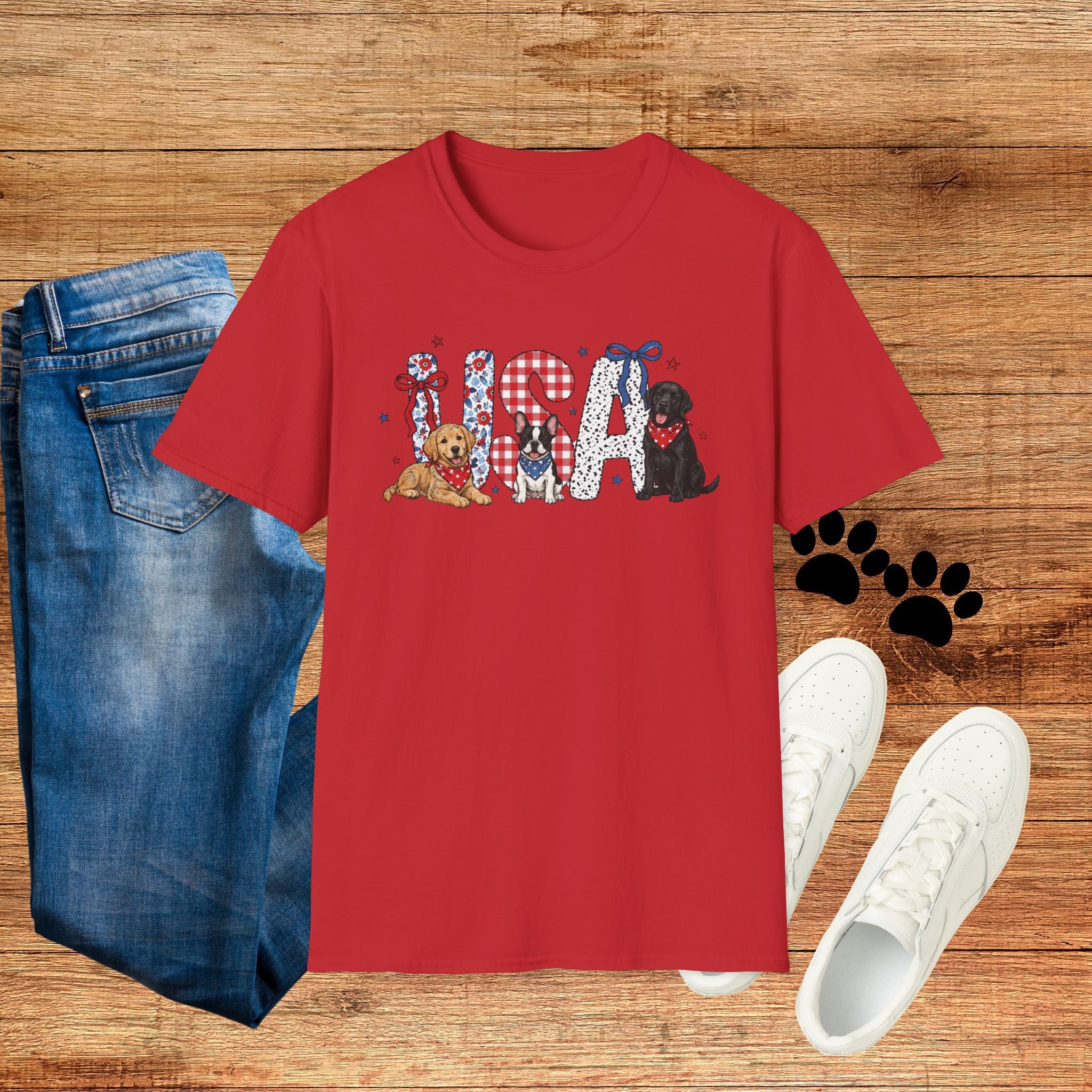 USA Patriotic Dog T-Shirt — Red White Blue Lettering with Labrador & Puppy Design