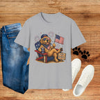 Patriotic Golden Retriever T-Shirt — USA Flag, Sunglasses & Fireworks