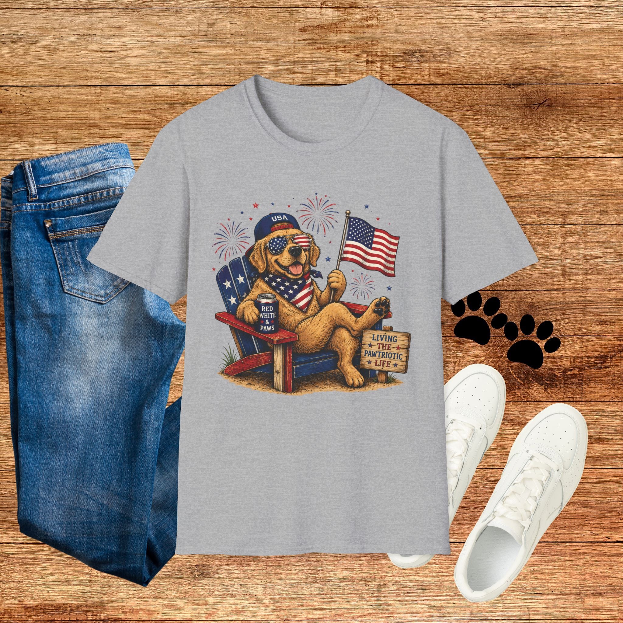 Patriotic Golden Retriever T-Shirt — USA Flag, Sunglasses & Fireworks