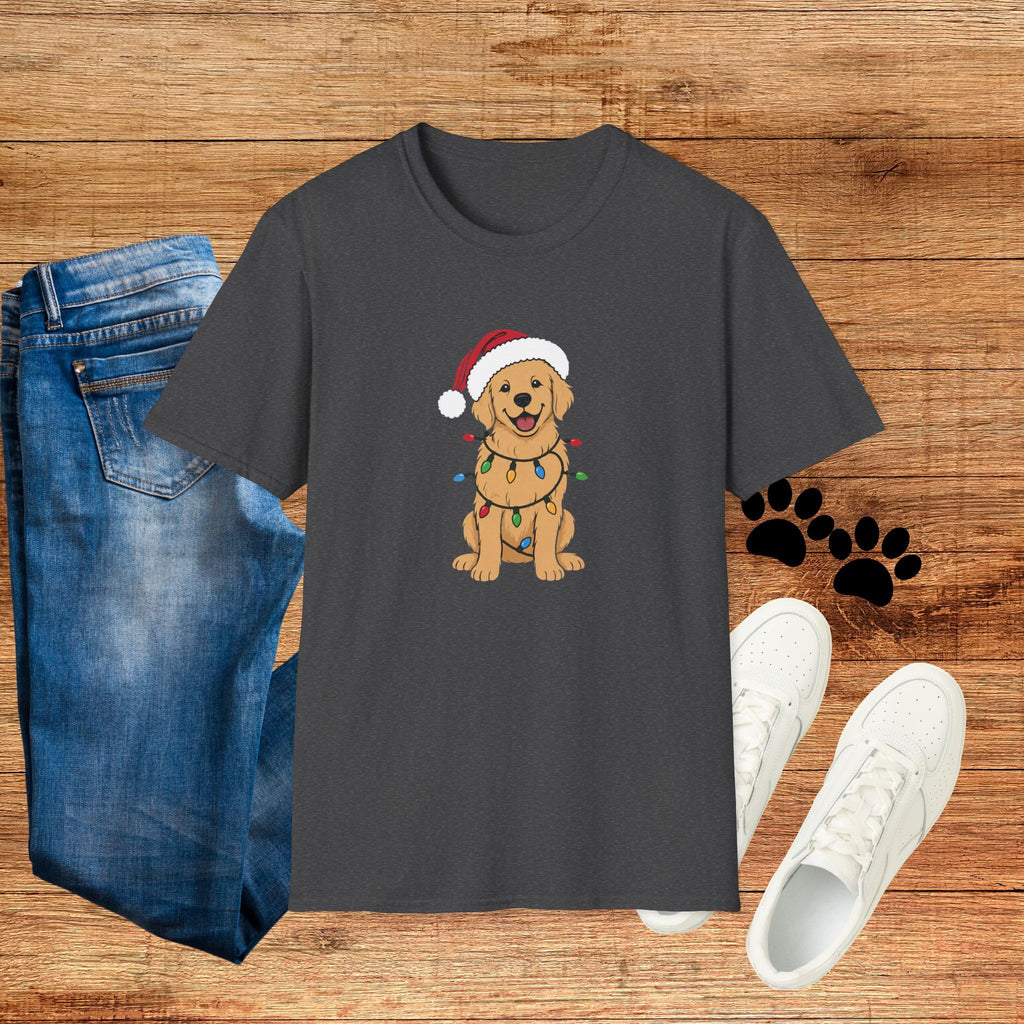 Christmas Golden Retriever T‑Shirt — Cute Dog in Santa Hat with Holiday Lights