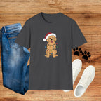 Christmas Golden Retriever T‑Shirt — Cute Dog in Santa Hat with Holiday Lights