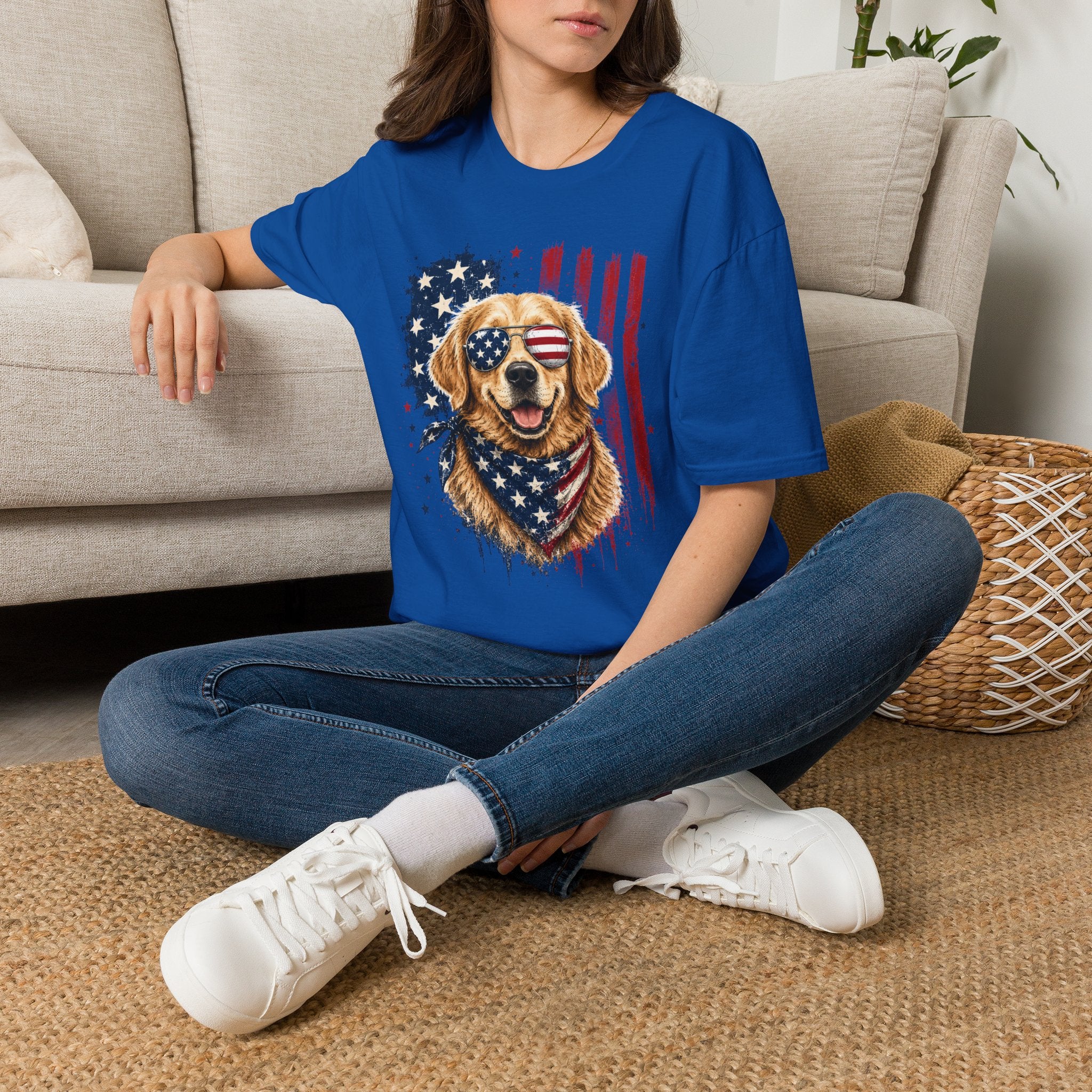 Patriotic Golden Retriever T-Shirt — American Flag Sunglasses & Bandana
