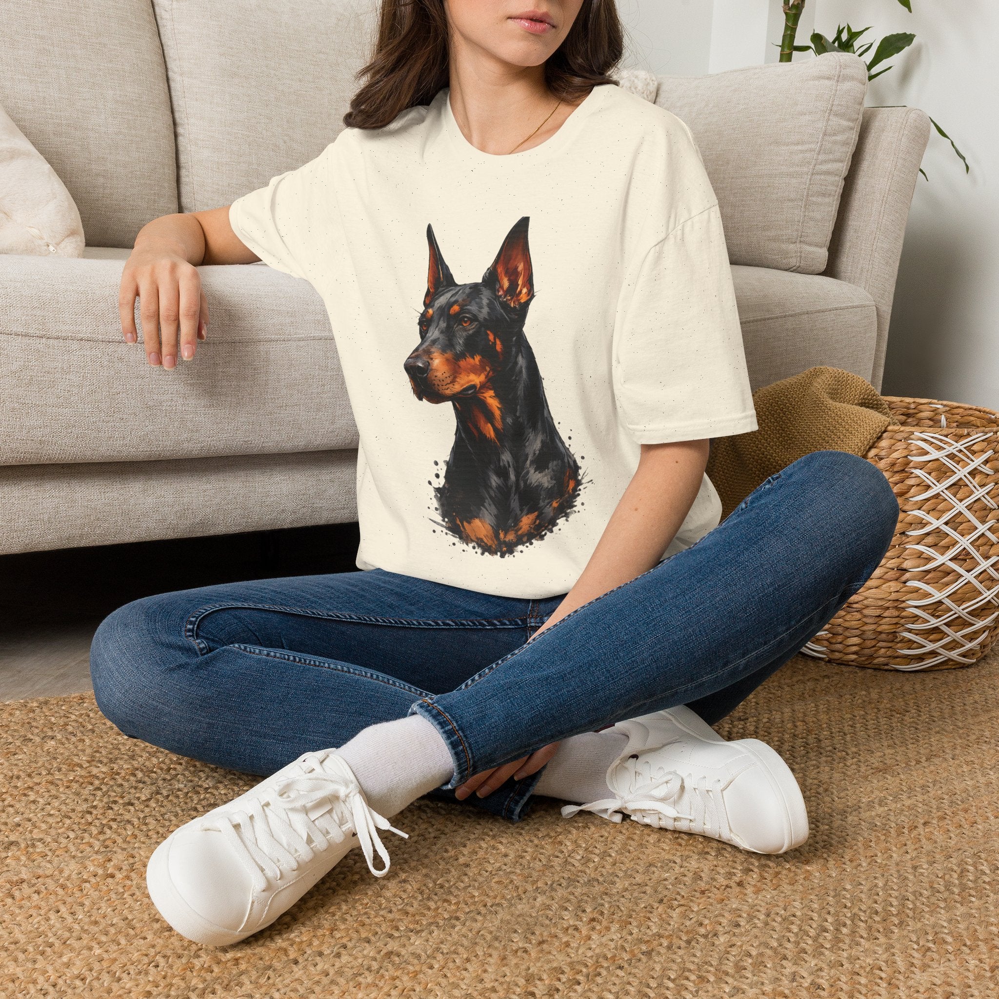 Doberman Portrait T‑Shirt — Realistic Dog Art Tee for Pet Lovers