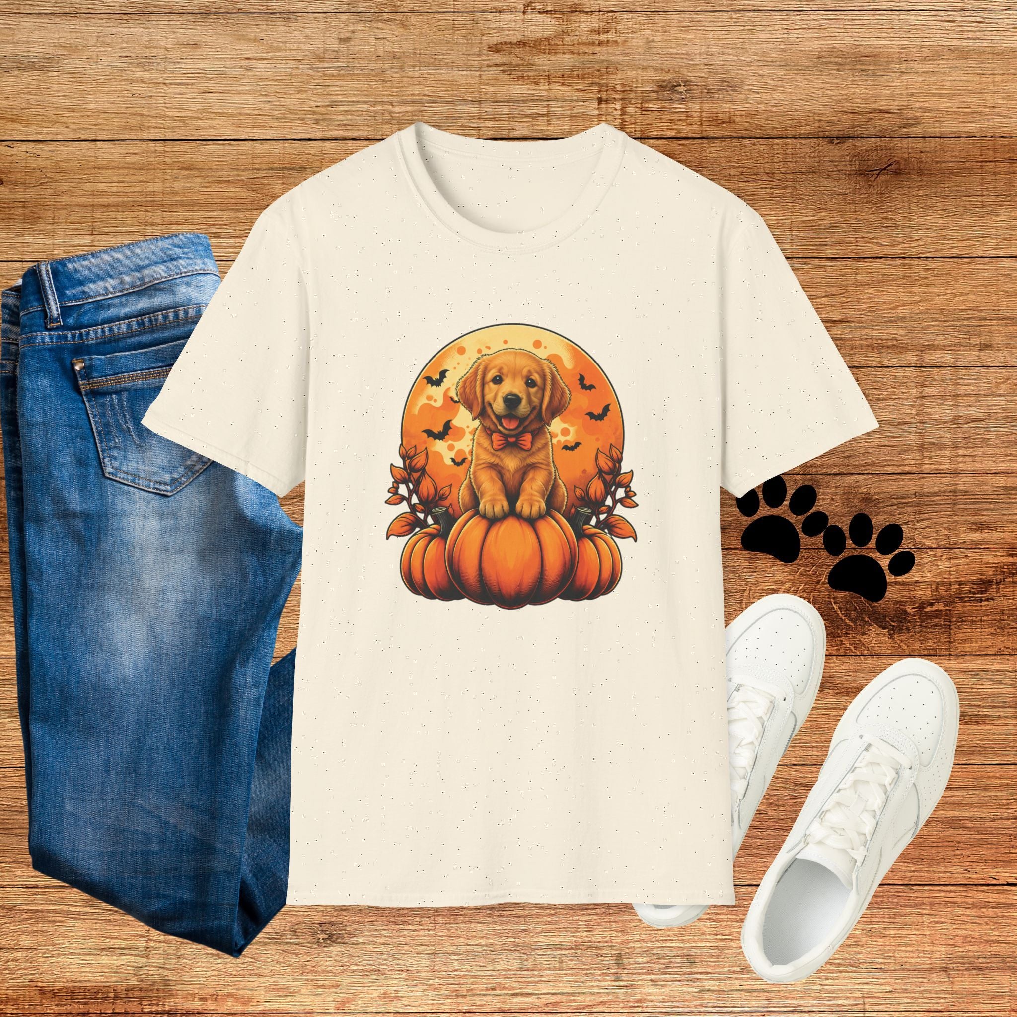 Halloween Pumpkin Puppy T-Shirt — Cute Golden Retriever with Bats & Bowtie