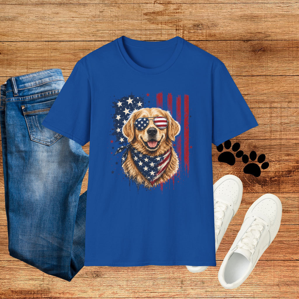 Patriotic Golden Retriever T-Shirt — American Flag Sunglasses & Bandana