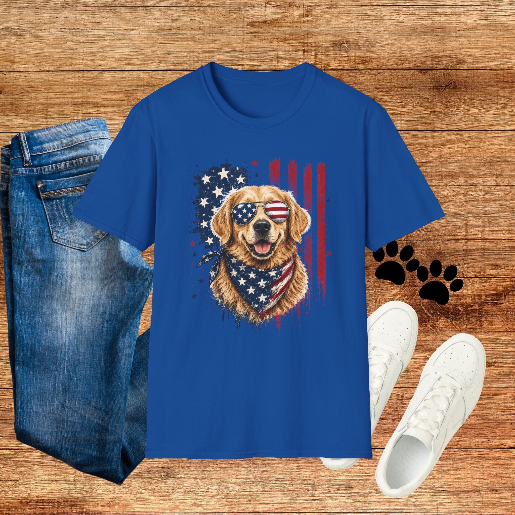 Patriotic Golden Retriever T-Shirt — American Flag Sunglasses & Bandana