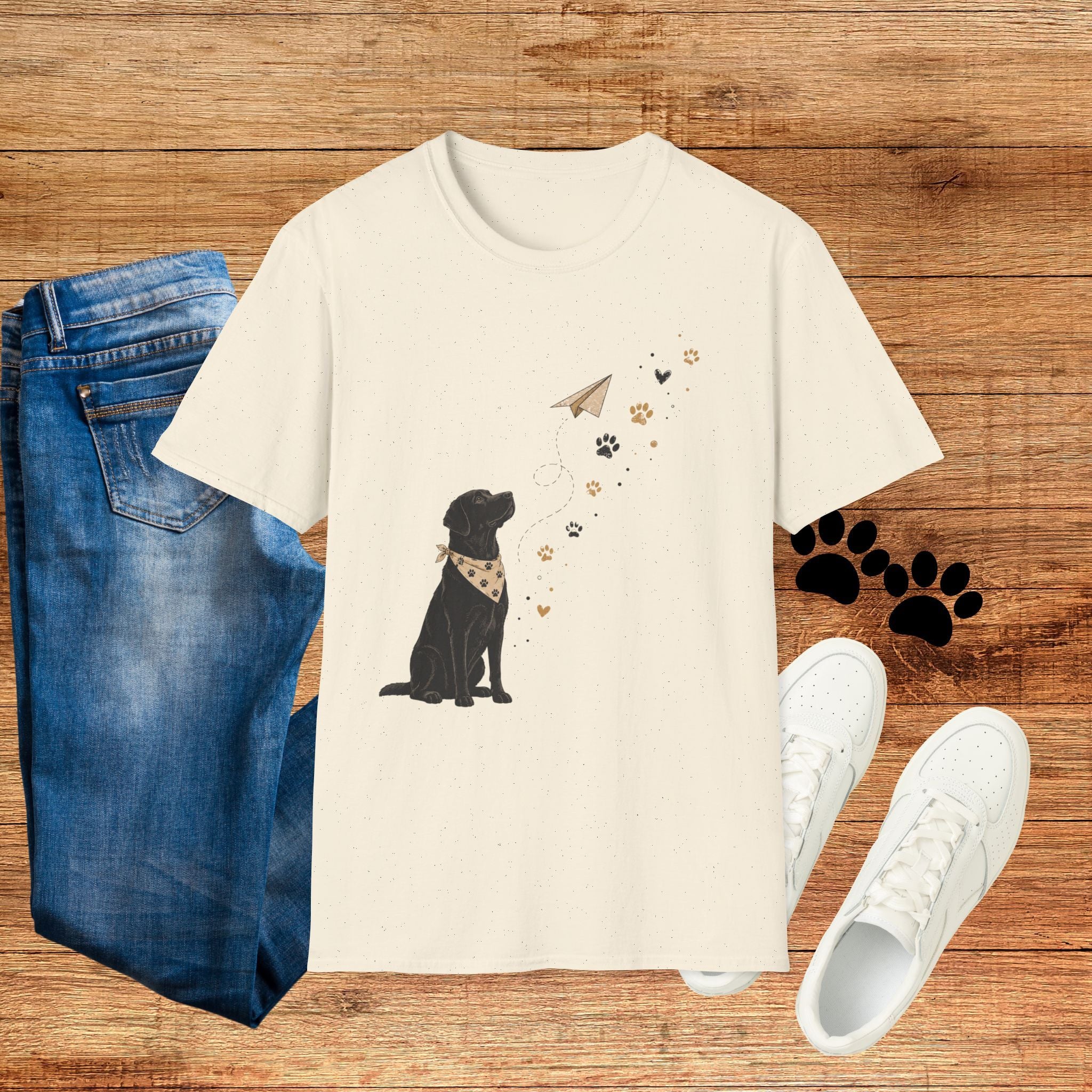 Dog Paw & Paper Airplane T-Shirt — Cute Black Dog Graphic Tee