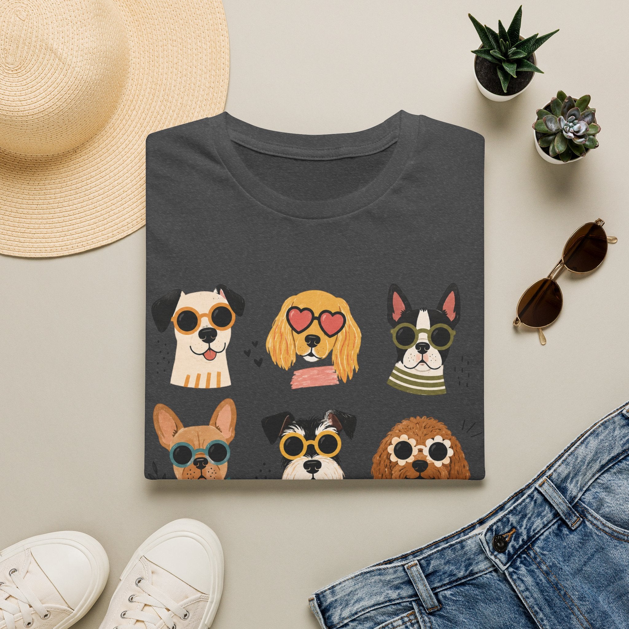 Cute Dog Faces T-Shirt — Grid of Cartoon Puppies Graphic Tee