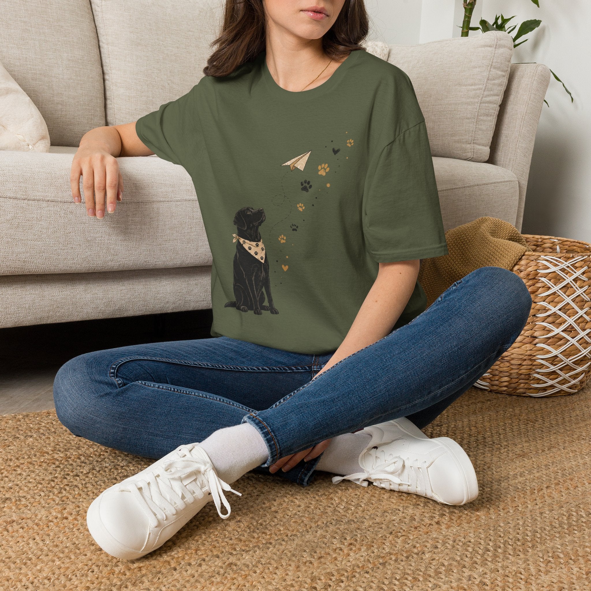Dog Paw & Paper Airplane T-Shirt — Cute Black Dog Graphic Tee
