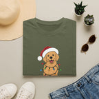 Christmas Golden Retriever T‑Shirt — Cute Dog in Santa Hat with Holiday Lights