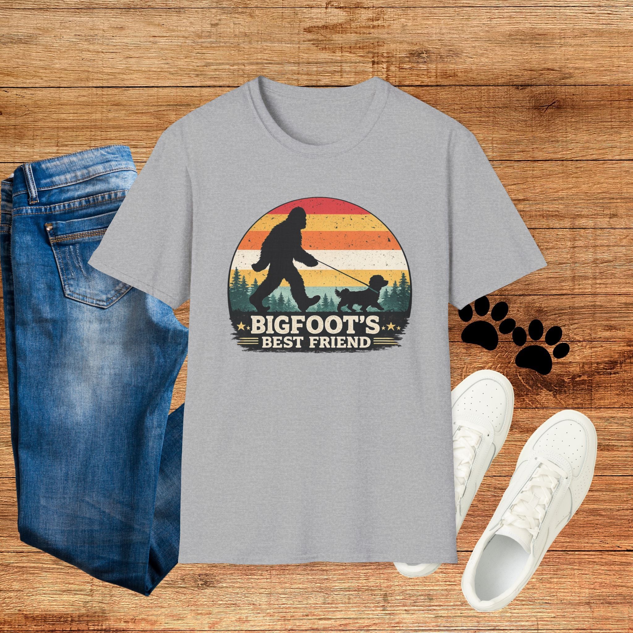 Bigfoot's Best Friend Retro Sunset Tee