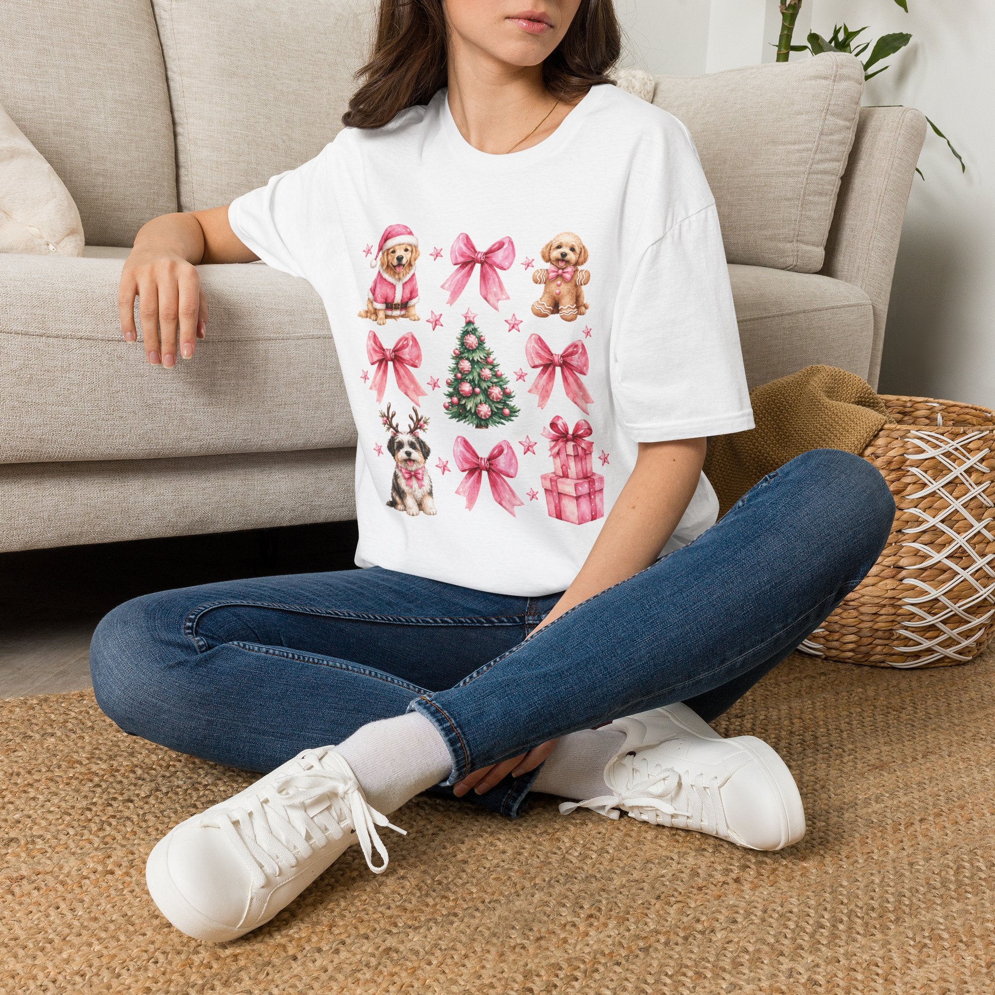 Christmas Puppies Graphic T-Shirt — Pink Bows & Tree Holiday Tee