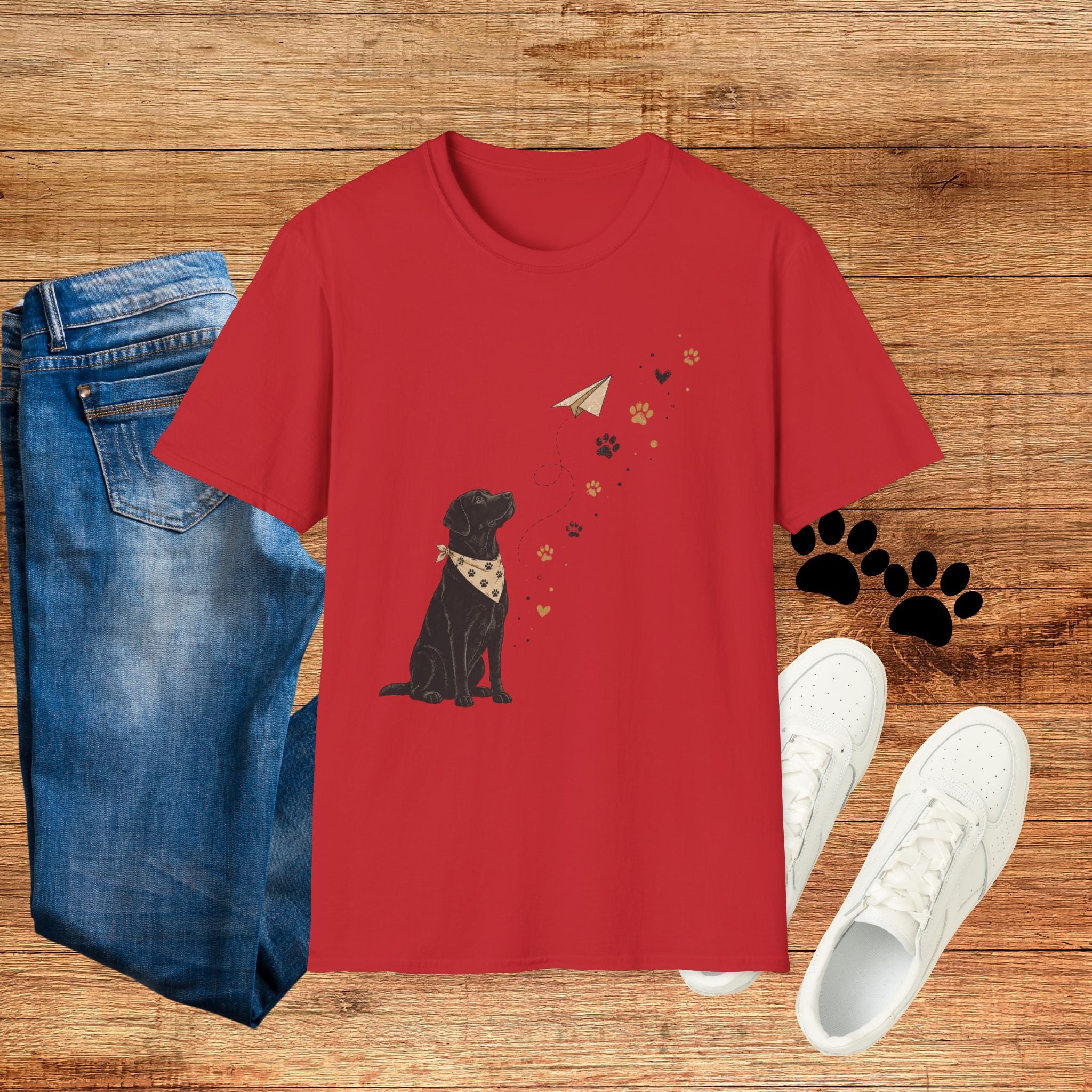 Dog Paw & Paper Airplane T-Shirt — Cute Black Dog Graphic Tee