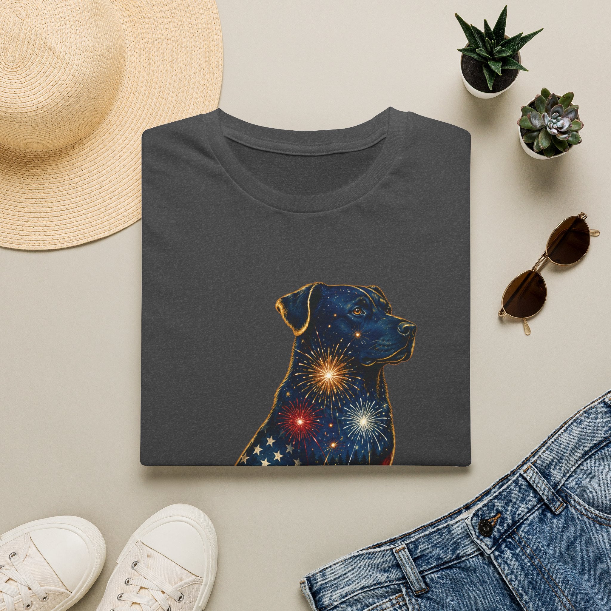 Patriotic Fireworks Dog T-Shirt — American Flag Labrador Graphic Tee