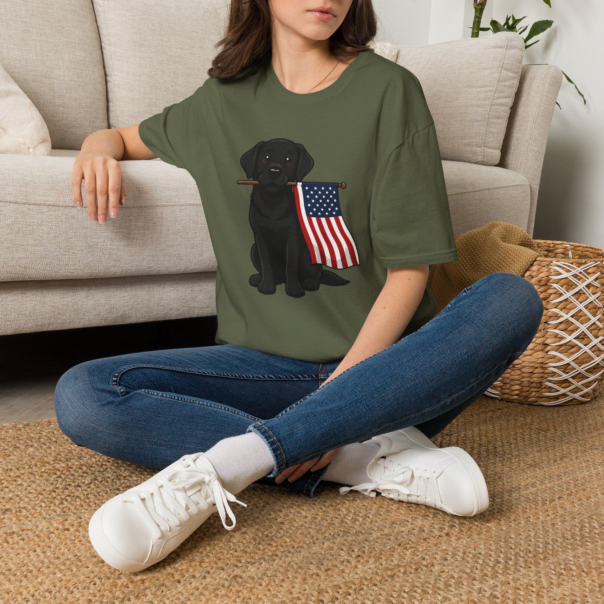 Black Labrador Holding American Flag T-Shirt – Patriotic Dog Tee for 4th of July