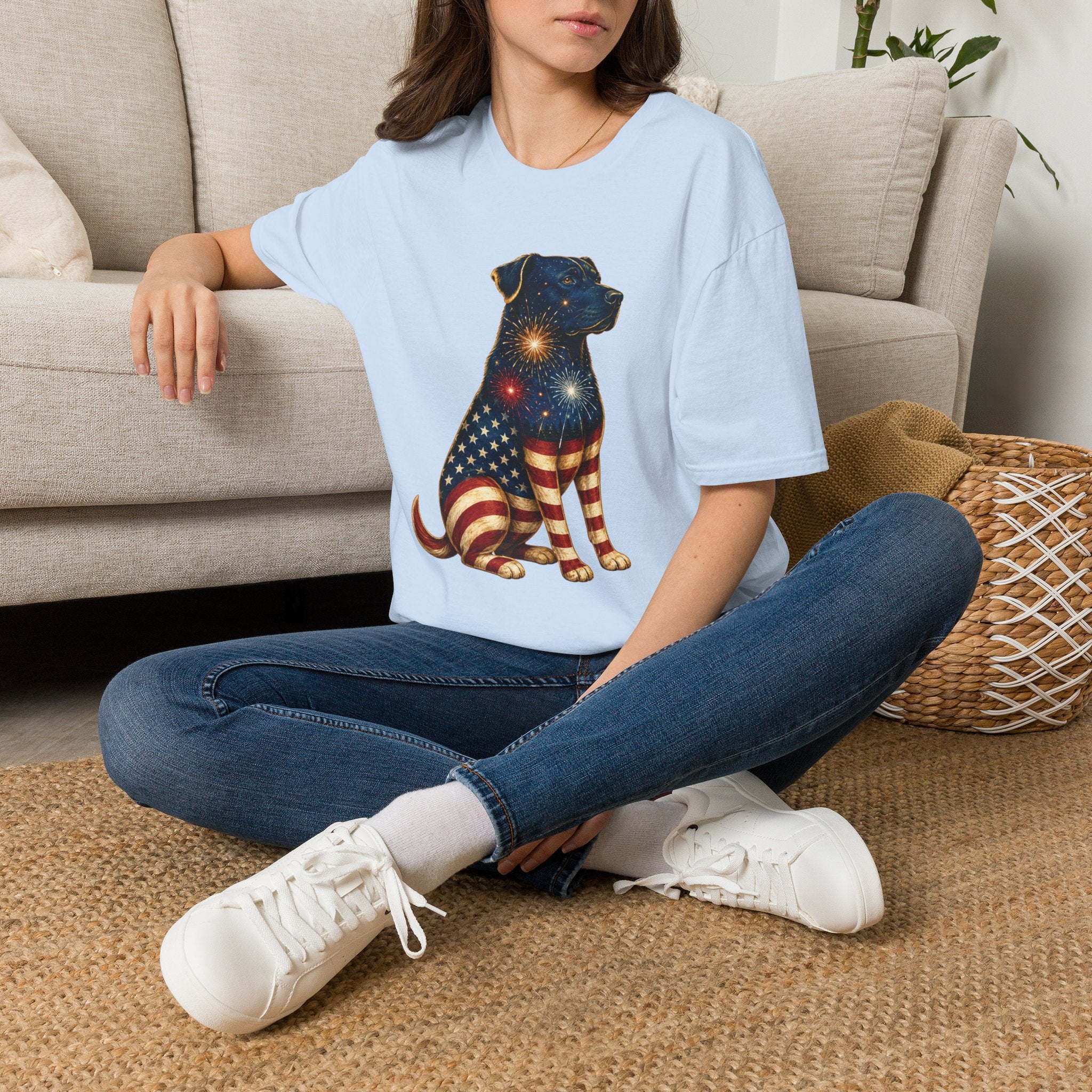 Patriotic Fireworks Dog T-Shirt — American Flag Labrador Graphic Tee