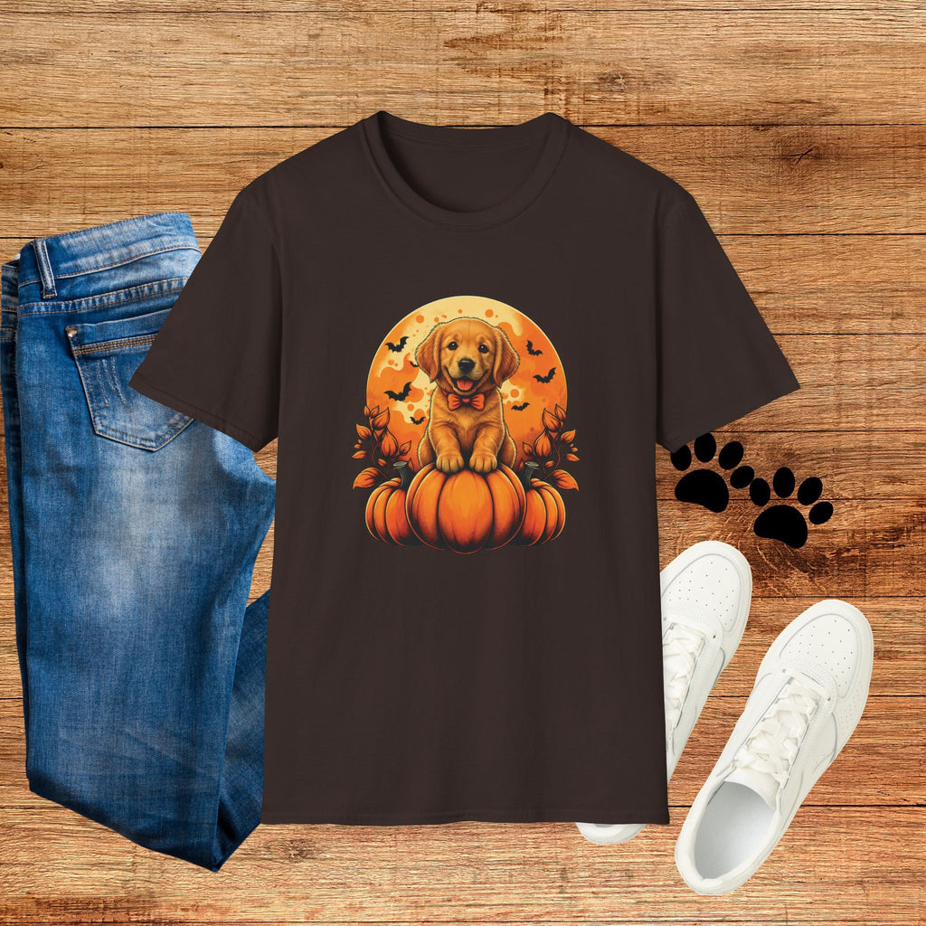 Halloween Pumpkin Puppy T-Shirt — Cute Golden Retriever with Bats & Bowtie