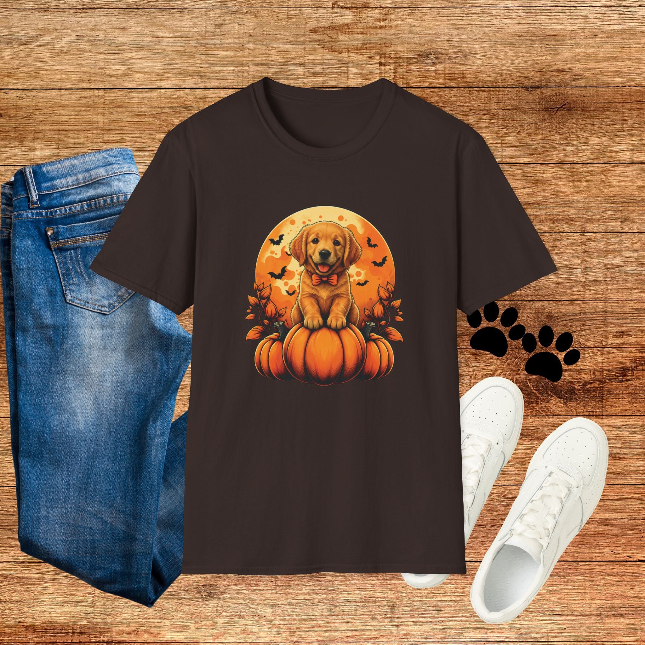 Halloween Pumpkin Puppy T-Shirt — Cute Golden Retriever with Bats & Bowtie